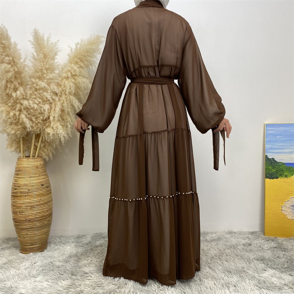 Middle Eastern Arab Turkish fashion, elegant solid color beaded Muslim women's wear, Lin Tie chiffon cardigan, long robe dress