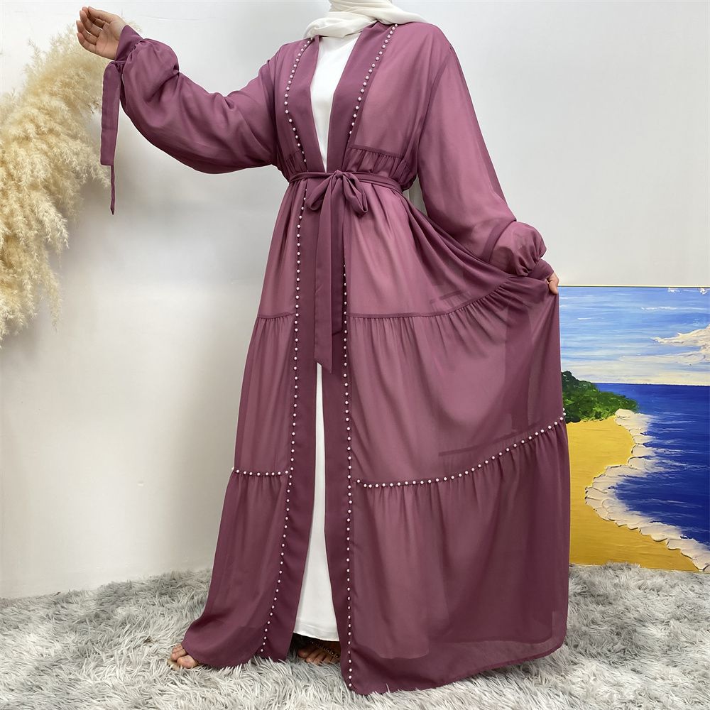 Middle Eastern Arab Turkish fashion, elegant solid color beaded Muslim women's wear, Lin Tie chiffon cardigan, long robe dress