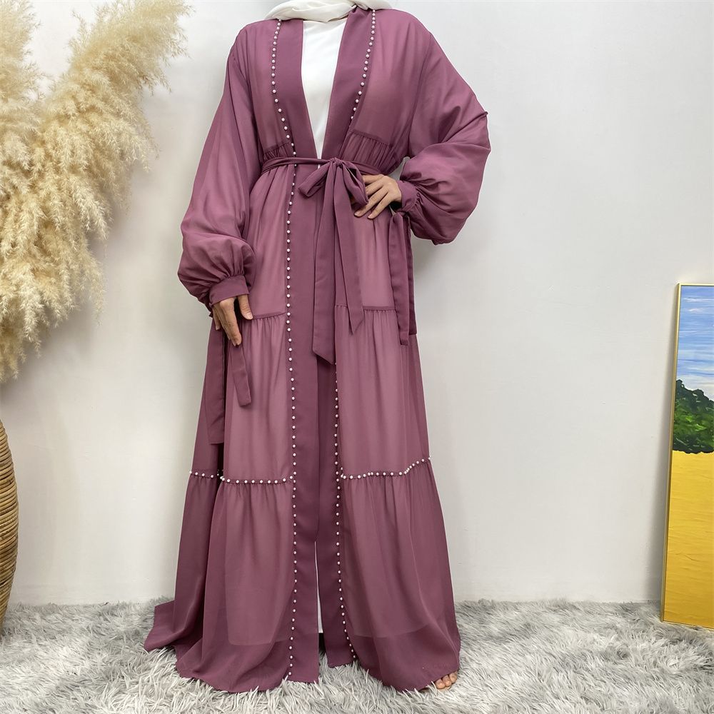 Middle Eastern Arab Turkish fashion, elegant solid color beaded Muslim women's wear, Lin Tie chiffon cardigan, long robe dress