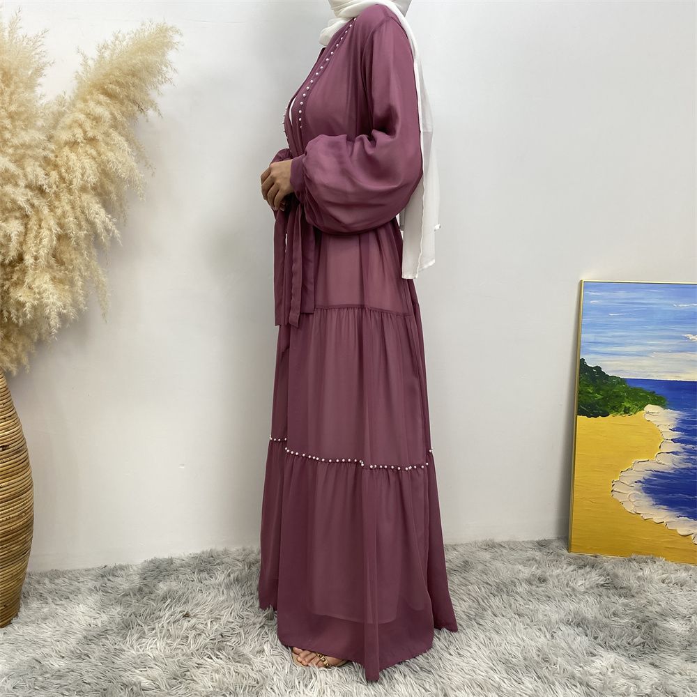 Middle Eastern Arab Turkish fashion, elegant solid color beaded Muslim women's wear, Lin Tie chiffon cardigan, long robe dress