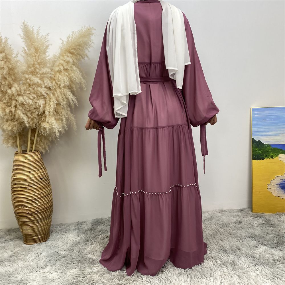 Middle Eastern Arab Turkish fashion, elegant solid color beaded Muslim women's wear, Lin Tie chiffon cardigan, long robe dress