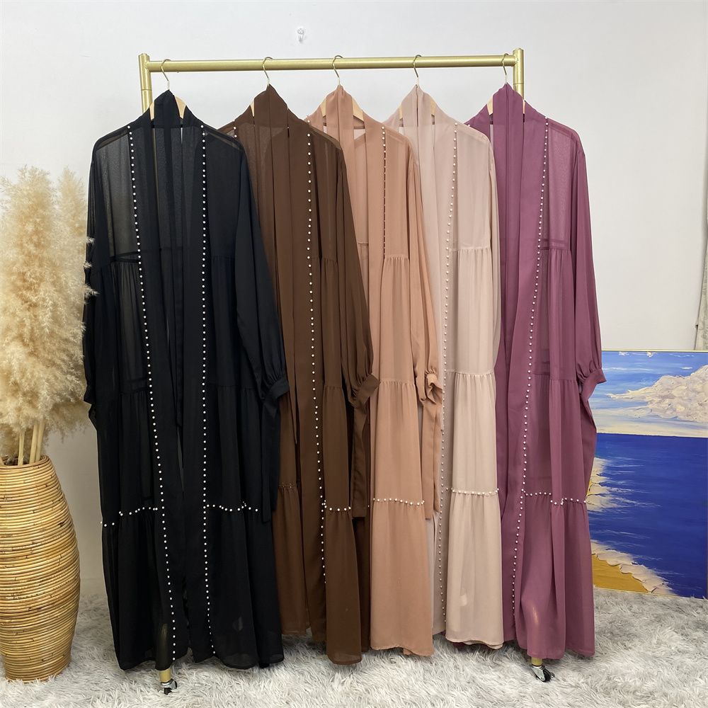 Middle Eastern Arab Turkish fashion, elegant solid color beaded Muslim women's wear, Lin Tie chiffon cardigan, long robe dress