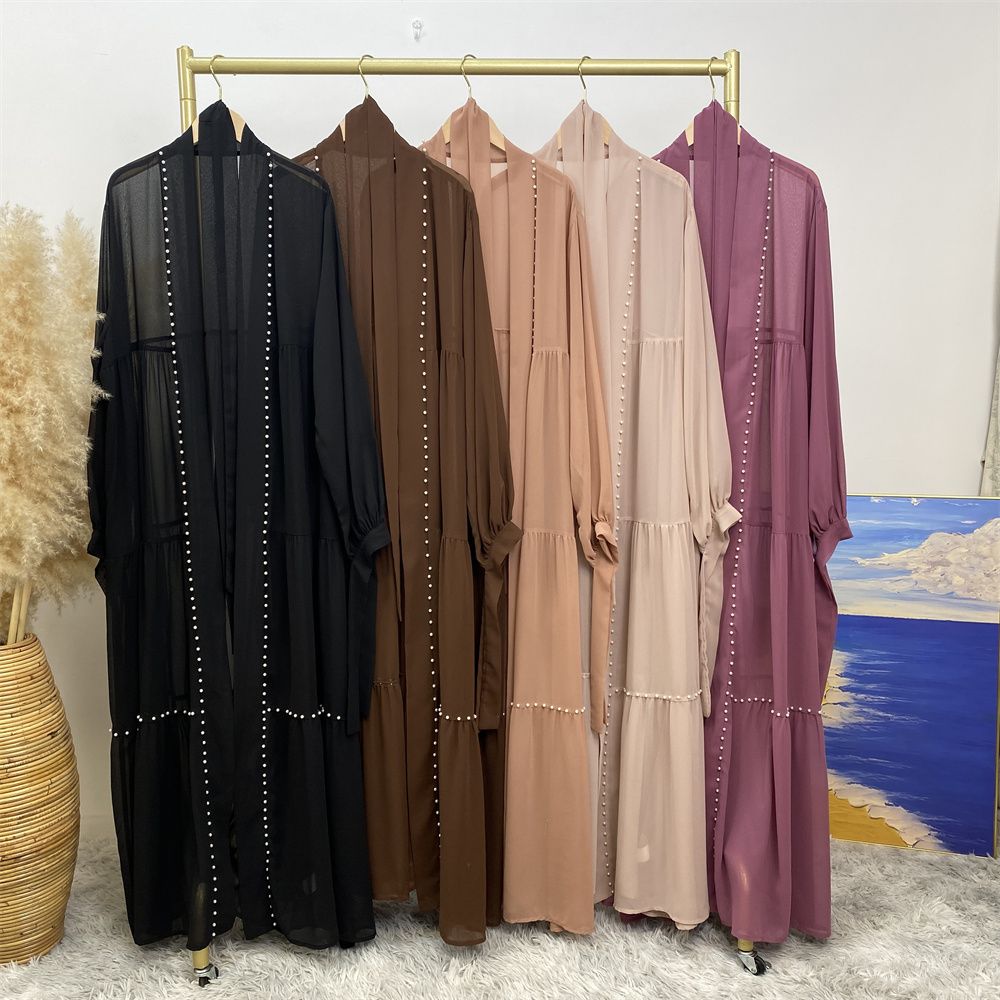 Middle Eastern Arab Turkish fashion, elegant solid color beaded Muslim women's wear, Lin Tie chiffon cardigan, long robe dress