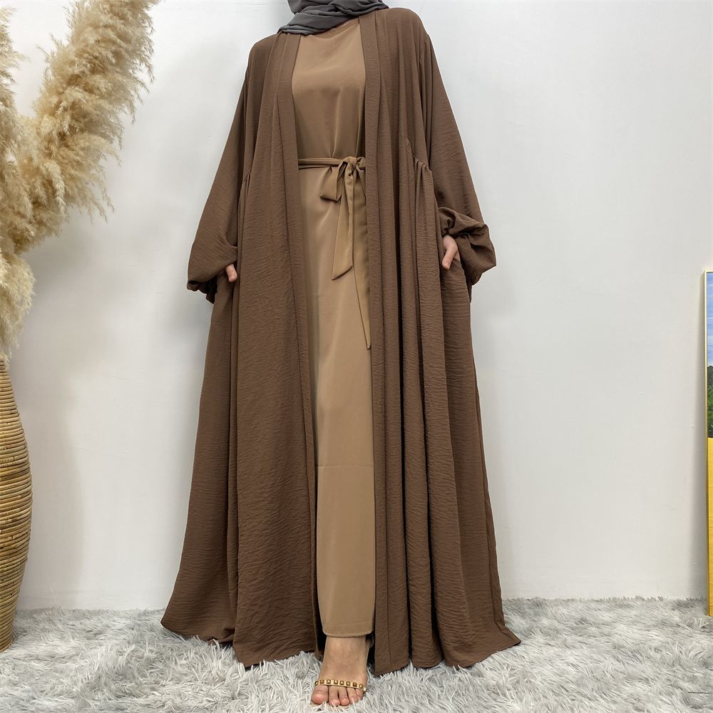 Middle Eastern Muslim, African Morocco, Dubai elastic cuff dress, fashionable women's dress, middle ruffled strap pocket cardigan long dress