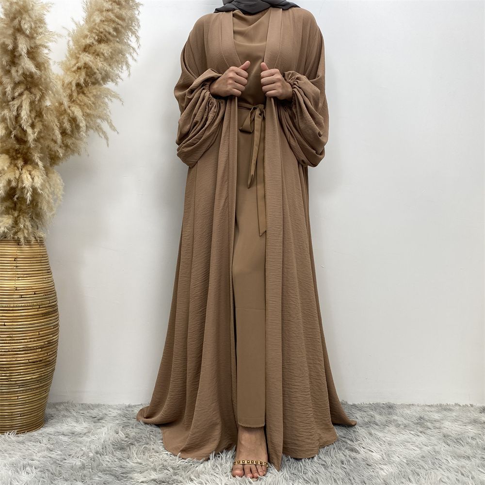 Middle Eastern Muslim, African Morocco, Dubai elastic cuff dress, fashionable women's dress, middle ruffled strap pocket cardigan long dress