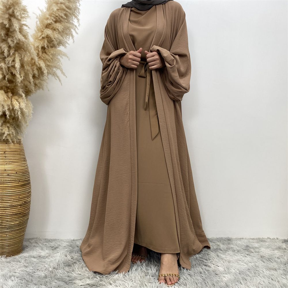 Middle Eastern Muslim, African Morocco, Dubai elastic cuff dress, fashionable women's dress, middle ruffled strap pocket cardigan long dress