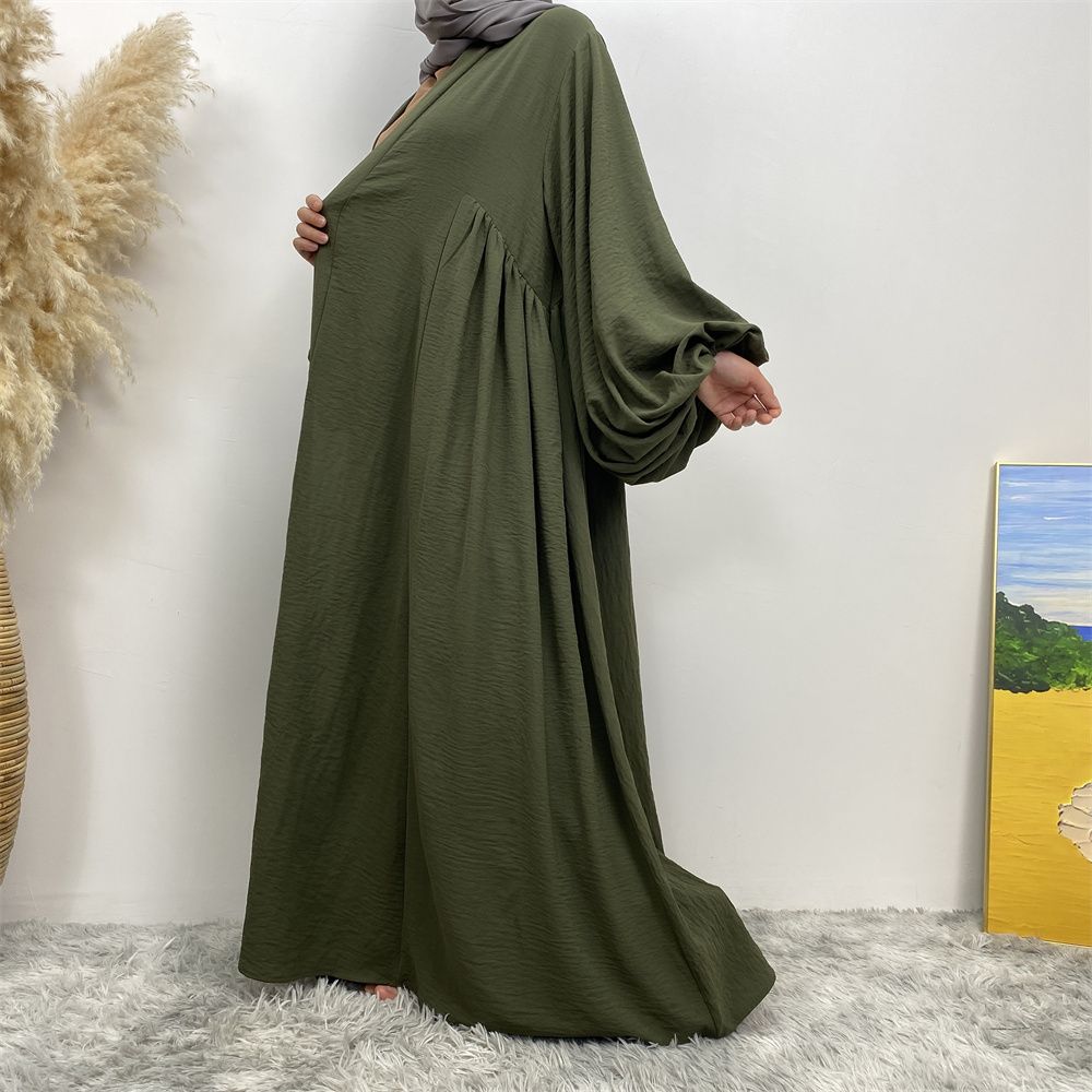 Middle Eastern Muslim, African Morocco, Dubai elastic cuff dress, fashionable women's dress, middle ruffled strap pocket cardigan long dress