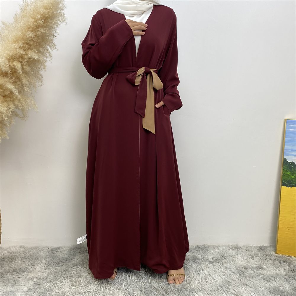 Muslim, Middle Eastern fashion, Dubai, Turkey, Arab, African bestseller, solid color, double-sided, pocket, lace-up, cardigan, robe dress