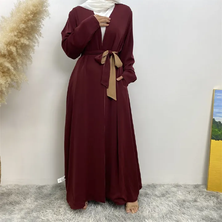 Muslim, Middle Eastern fashion, Dubai, Turkey, Arab, African bestseller, solid color, double-sided, pocket, lace-up, cardigan, robe dress