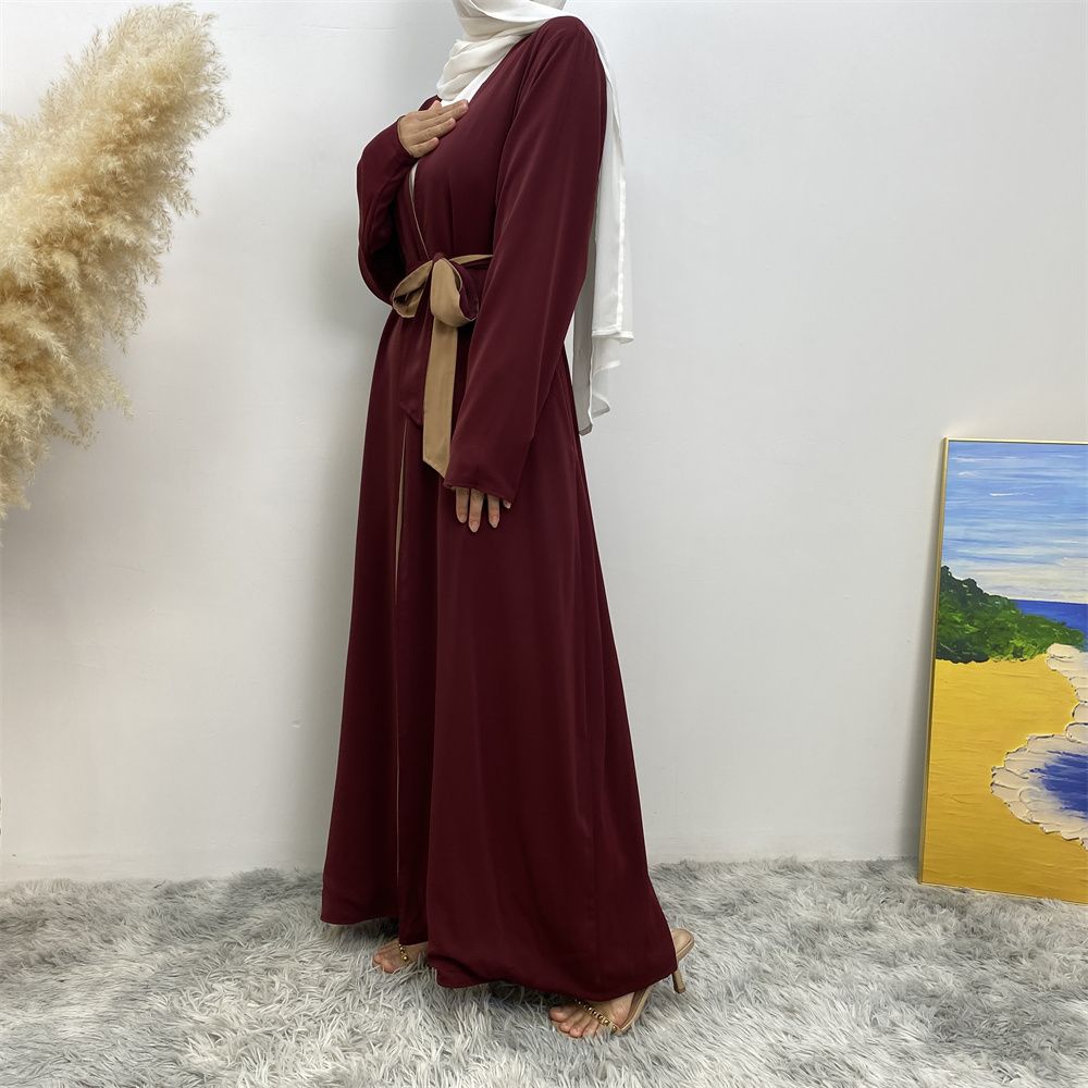 Muslim, Middle Eastern fashion, Dubai, Turkey, Arab, African bestseller, solid color, double-sided, pocket, lace-up, cardigan, robe dress