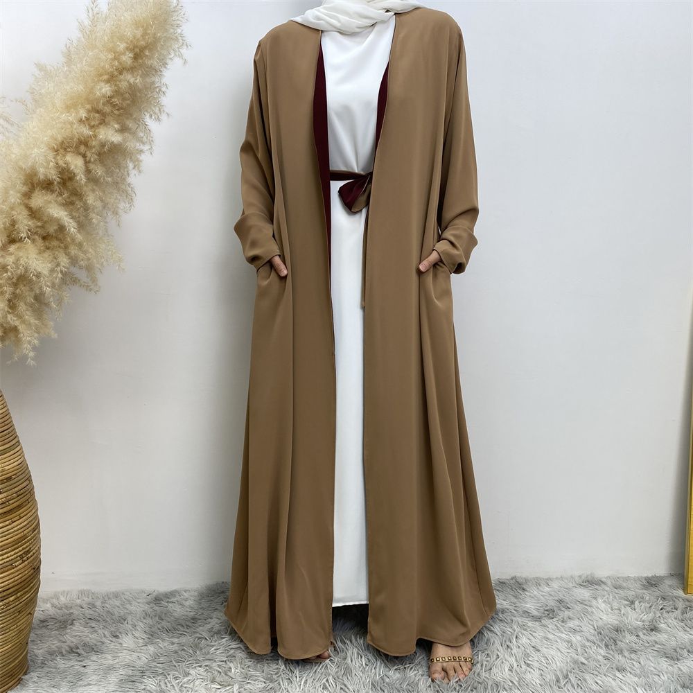 Muslim, Middle Eastern fashion, Dubai, Turkey, Arab, African bestseller, solid color, double-sided, pocket, lace-up, cardigan, robe dress