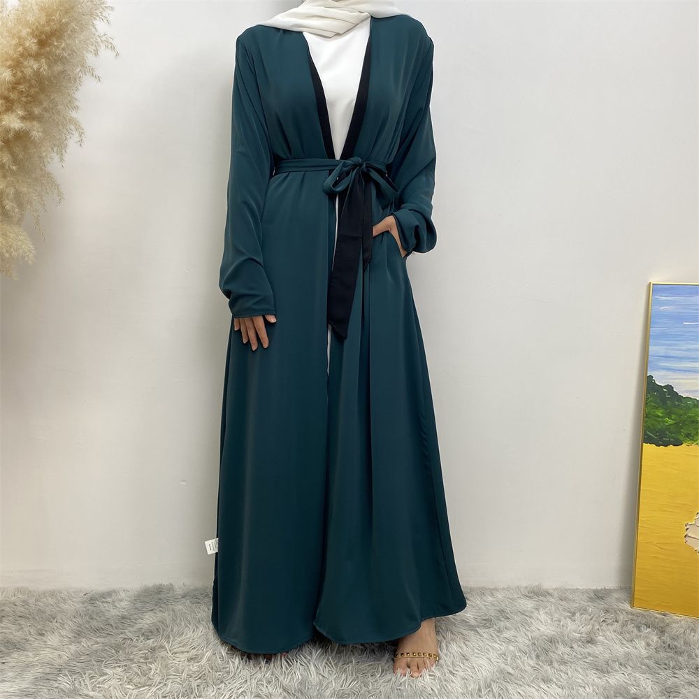 Muslim, Middle Eastern fashion, Dubai, Turkey, Arab, African bestseller, solid color, double-sided, pocket, lace-up, cardigan, robe dress