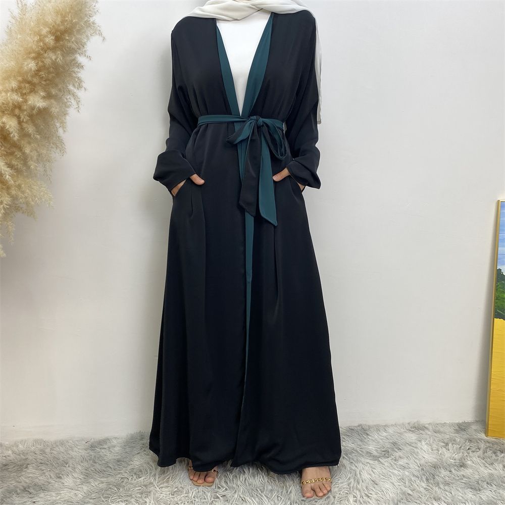 Muslim, Middle Eastern fashion, Dubai, Turkey, Arab, African bestseller, solid color, double-sided, pocket, lace-up, cardigan, robe dress