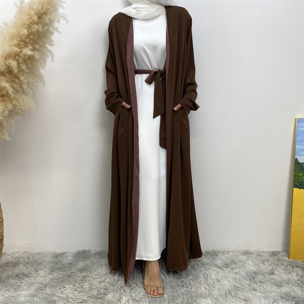 Muslim, Middle Eastern fashion, Dubai, Turkey, Arab, African bestseller, solid color, double-sided, pocket, lace-up, cardigan, robe dress