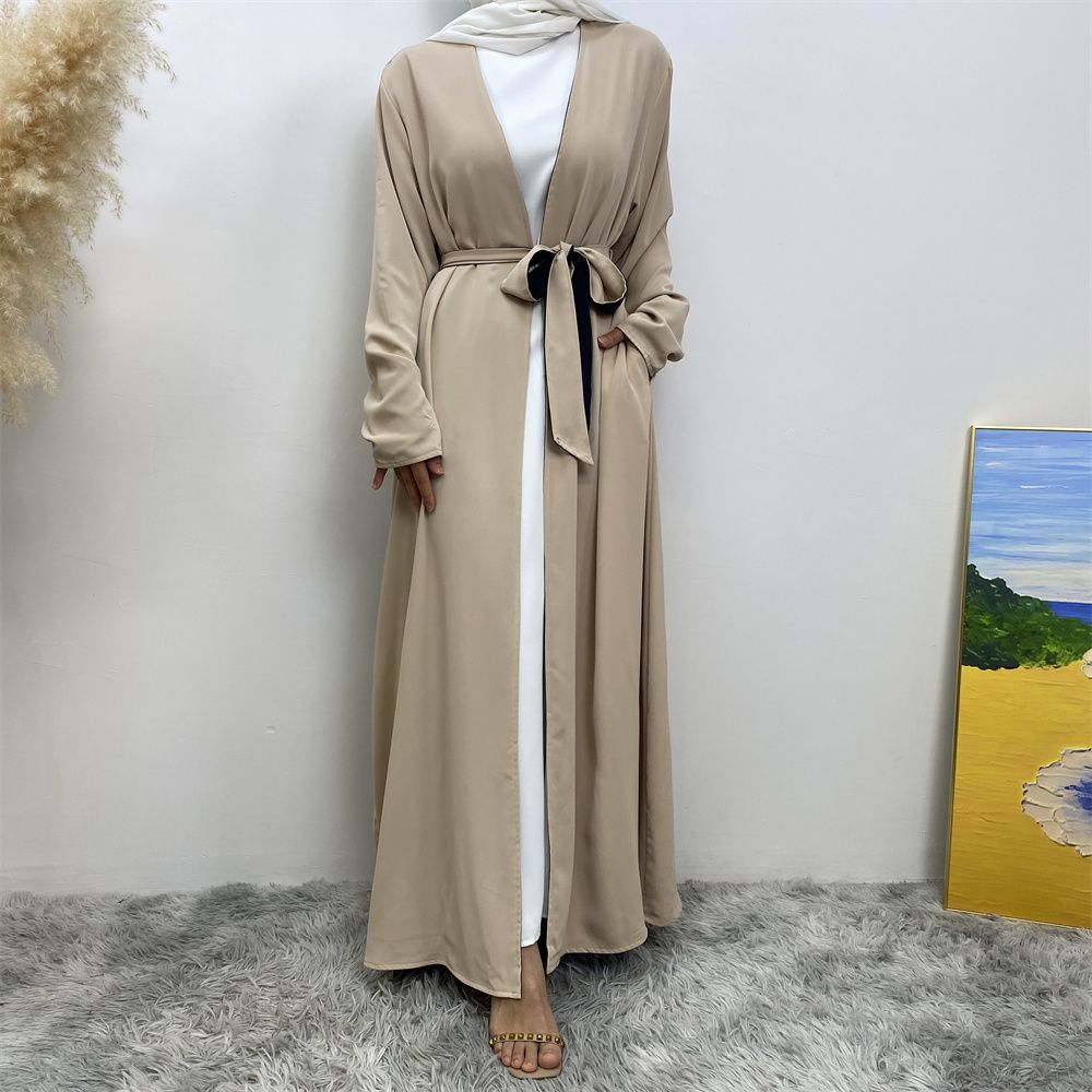 Muslim, Middle Eastern fashion, Dubai, Turkey, Arab, African bestseller, solid color, double-sided, pocket, lace-up, cardigan, robe dress