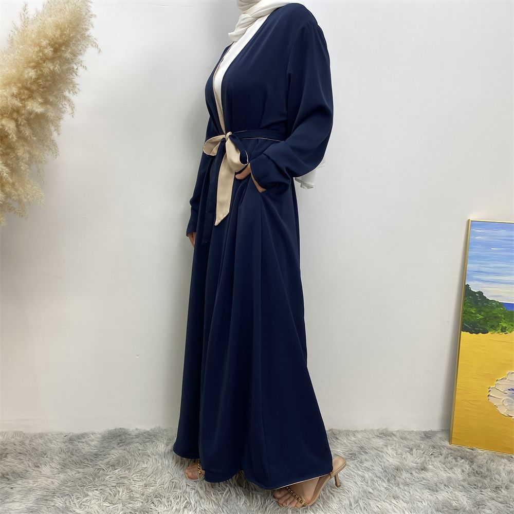 Muslim, Middle Eastern fashion, Dubai, Turkey, Arab, African bestseller, solid color, double-sided, pocket, lace-up, cardigan, robe dress
