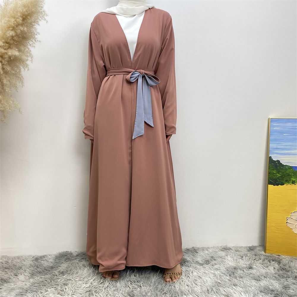 Muslim, Middle Eastern fashion, Dubai, Turkey, Arab, African bestseller, solid color, double-sided, pocket, lace-up, cardigan, robe dress