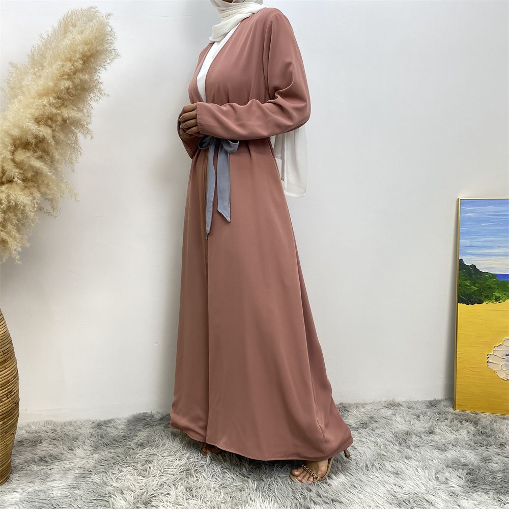 Muslim, Middle Eastern fashion, Dubai, Turkey, Arab, African bestseller, solid color, double-sided, pocket, lace-up, cardigan, robe dress