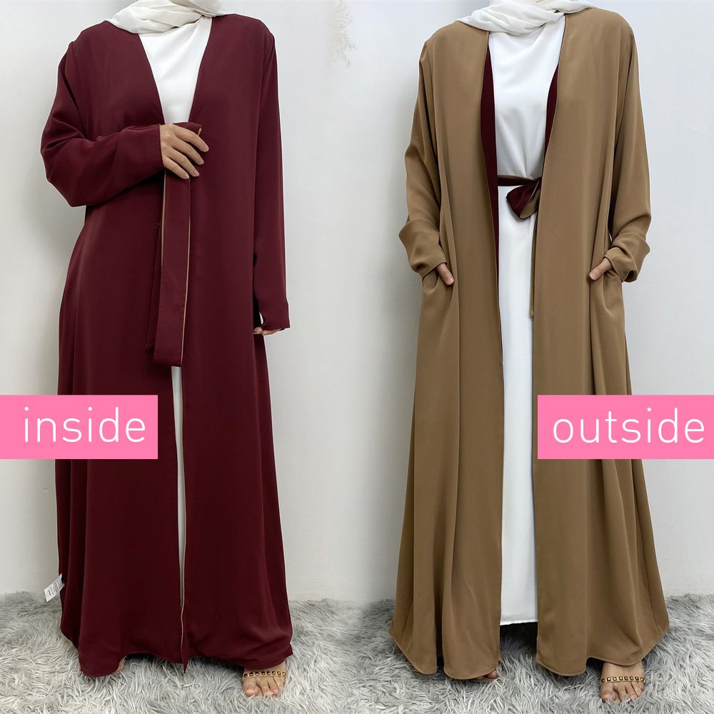 Muslim, Middle Eastern fashion, Dubai, Turkey, Arab, African bestseller, solid color, double-sided, pocket, lace-up, cardigan, robe dress