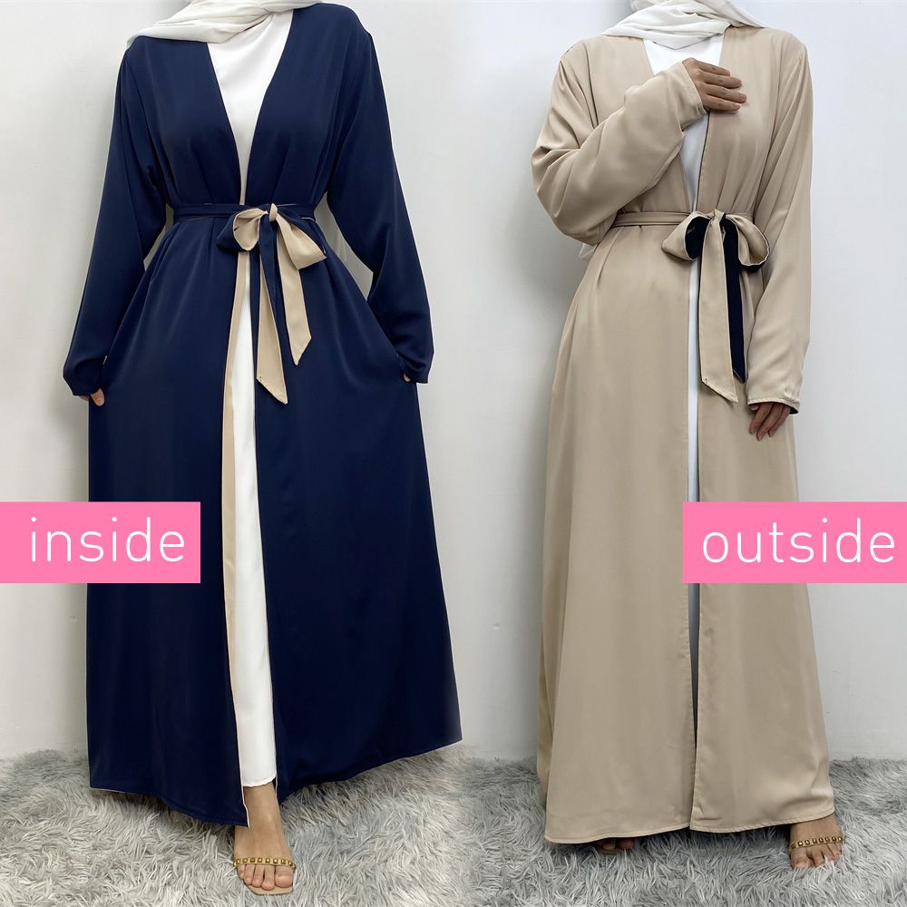 Muslim, Middle Eastern fashion, Dubai, Turkey, Arab, African bestseller, solid color, double-sided, pocket, lace-up, cardigan, robe dress