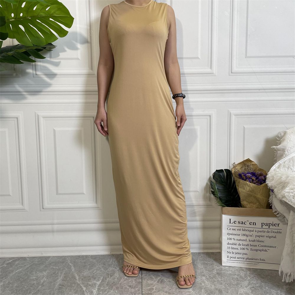 Muslim Dubai Middle East new fashion solid-color casual sleeveless base women's long dress