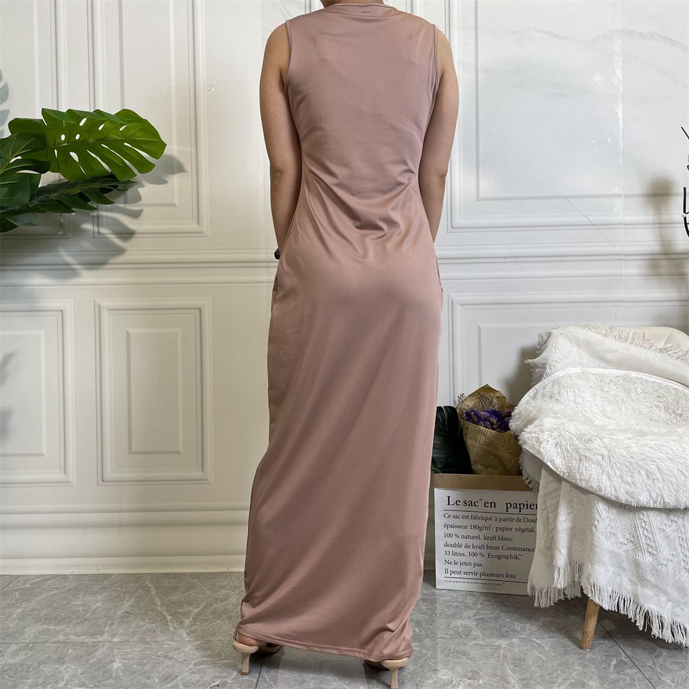 Muslim Dubai Middle East new fashion solid-color casual sleeveless base women's long dress