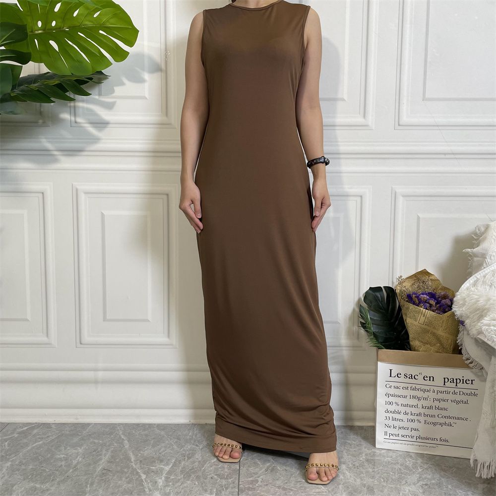 Muslim Dubai Middle East new fashion solid-color casual sleeveless base women's long dress