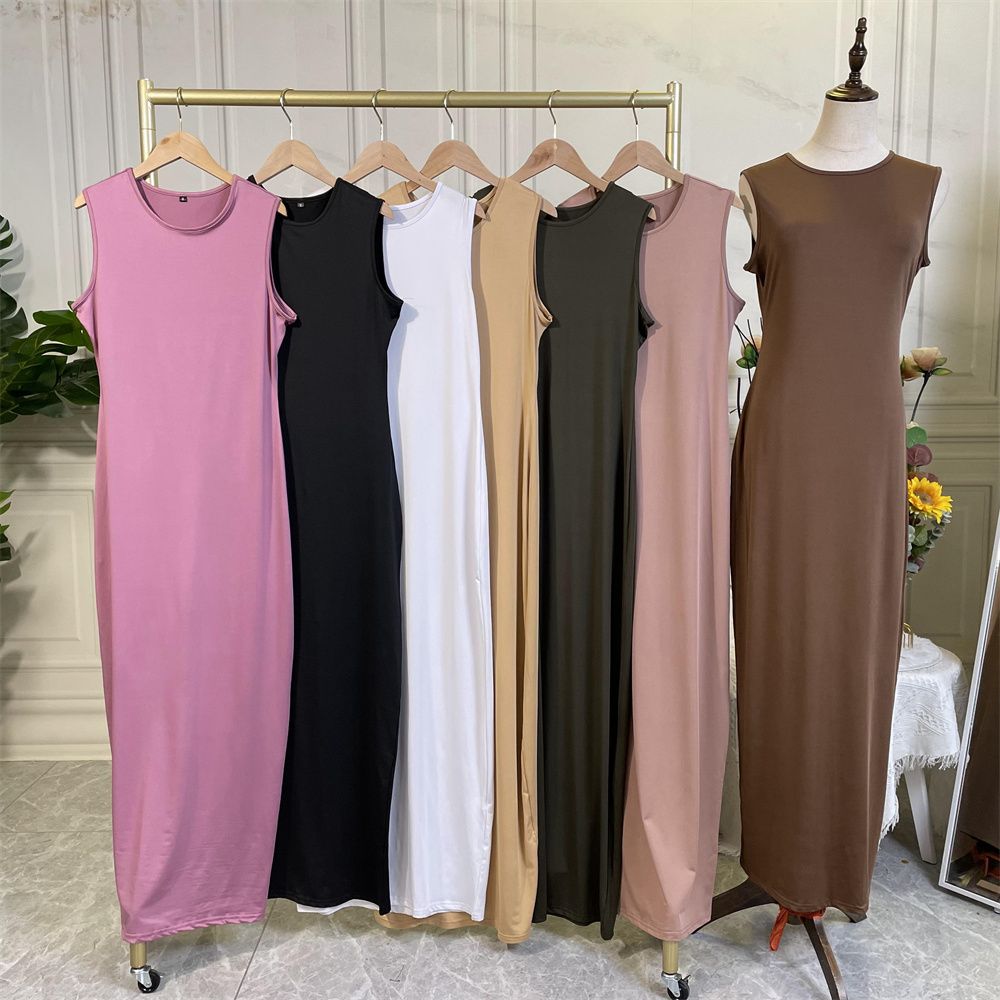Muslim Dubai Middle East new fashion solid-color casual sleeveless base women's long dress