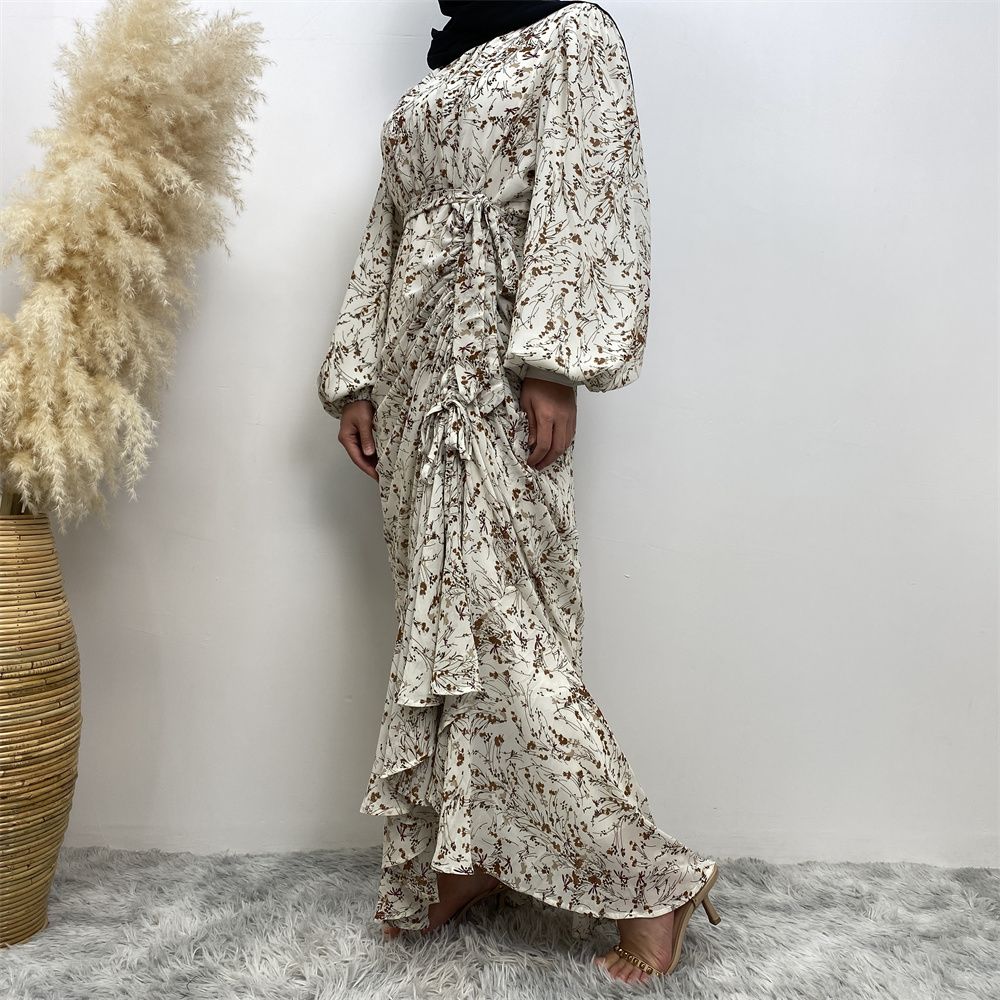 Summer fashion Middle Eastern Muslim, Turkish Dubai floral dress, Islamic elegant women's wear, round-neck elastic sleeve vacation dress