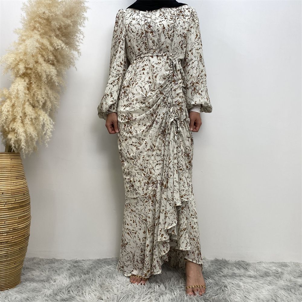 Summer fashion Middle Eastern Muslim, Turkish Dubai floral dress, Islamic elegant women's wear, round-neck elastic sleeve vacation dress