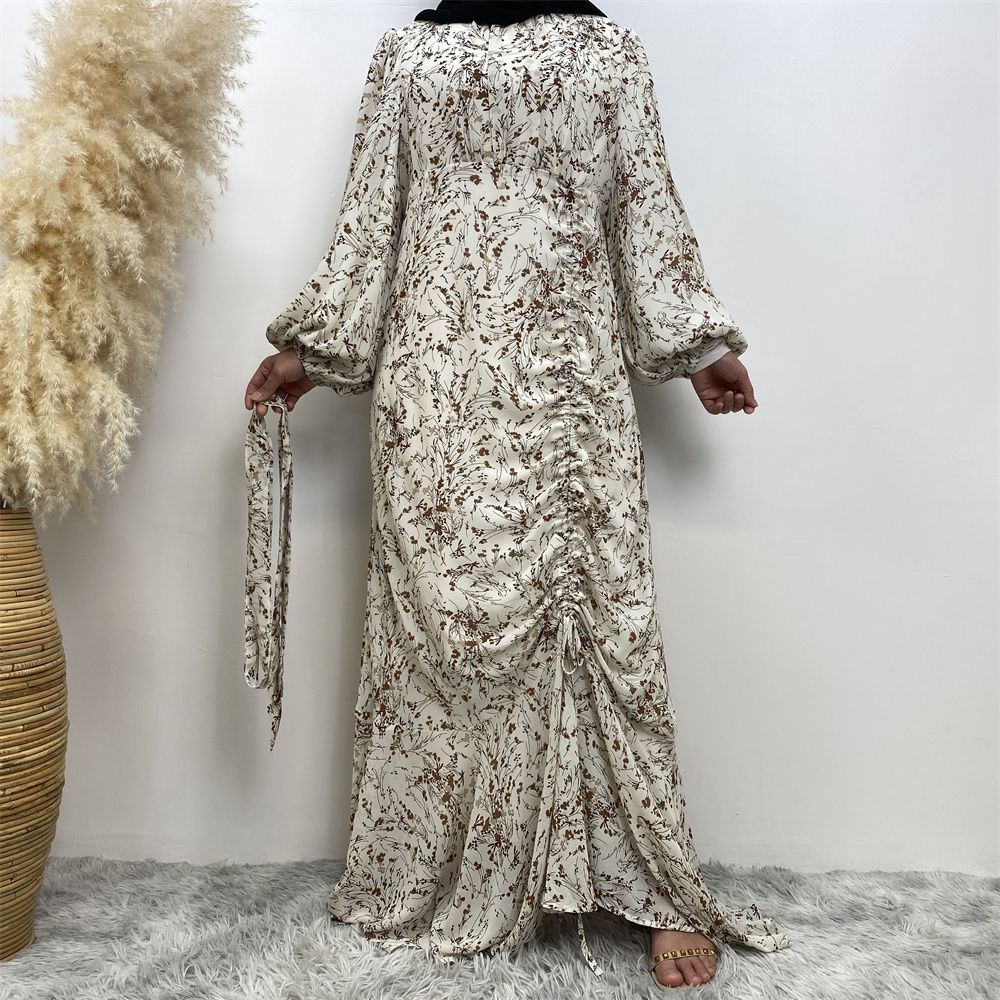 Summer fashion Middle Eastern Muslim, Turkish Dubai floral dress, Islamic elegant women's wear, round-neck elastic sleeve vacation dress