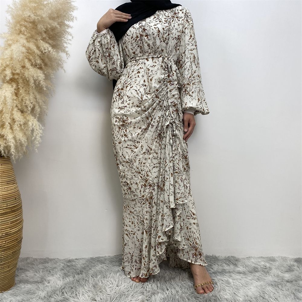 Summer fashion Middle Eastern Muslim, Turkish Dubai floral dress, Islamic elegant women's wear, round-neck elastic sleeve vacation dress