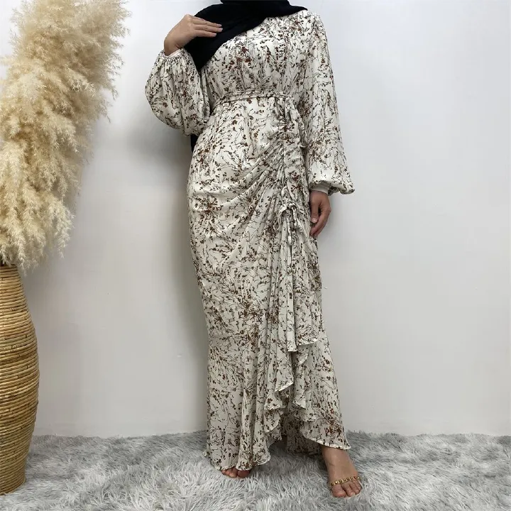 Summer fashion Middle Eastern Muslim, Turkish Dubai floral dress, Islamic elegant women's wear, round-neck elastic sleeve vacation dress