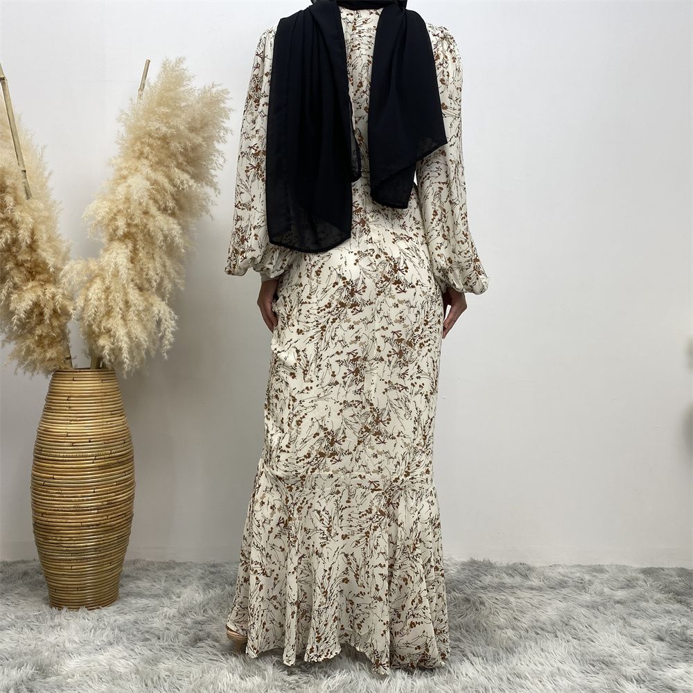 Summer fashion Middle Eastern Muslim, Turkish Dubai floral dress, Islamic elegant women's wear, round-neck elastic sleeve vacation dress