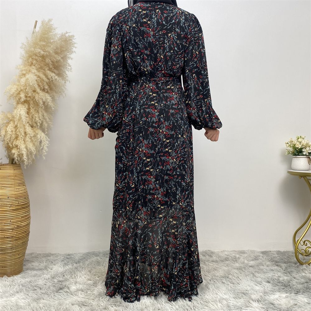 Summer fashion Middle Eastern Muslim, Turkish Dubai floral dress, Islamic elegant women's wear, round-neck elastic sleeve vacation dress