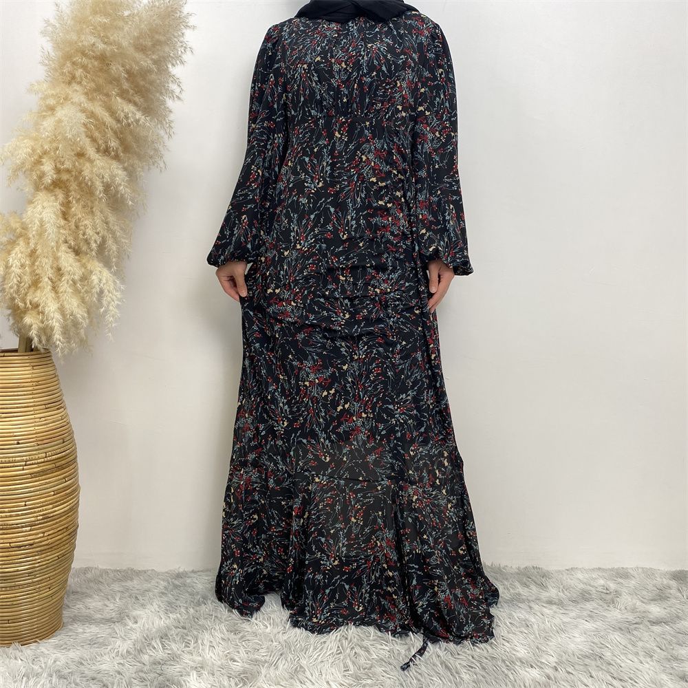 Summer fashion Middle Eastern Muslim, Turkish Dubai floral dress, Islamic elegant women's wear, round-neck elastic sleeve vacation dress