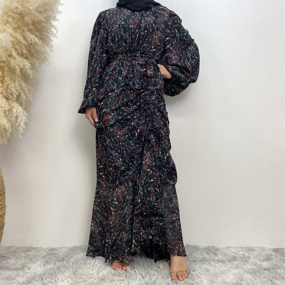 Summer fashion Middle Eastern Muslim, Turkish Dubai floral dress, Islamic elegant women's wear, round-neck elastic sleeve vacation dress