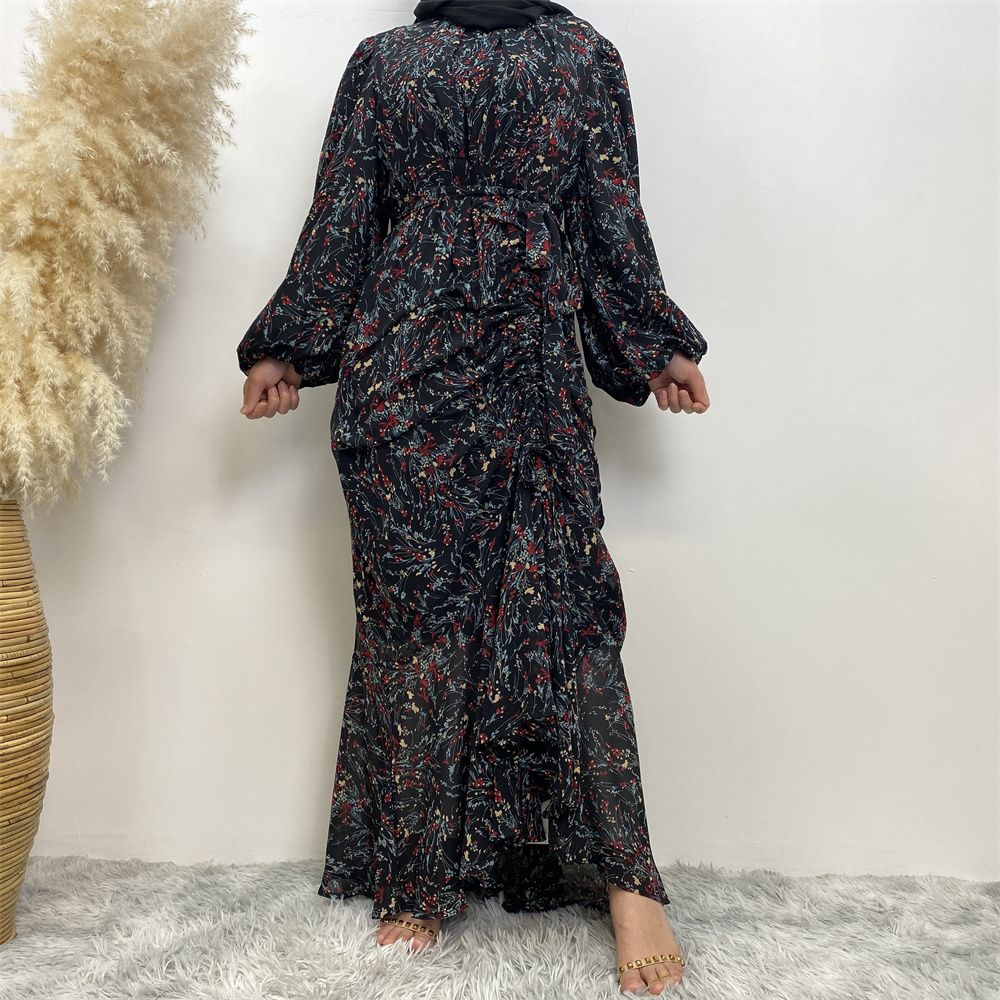 Summer fashion Middle Eastern Muslim, Turkish Dubai floral dress, Islamic elegant women's wear, round-neck elastic sleeve vacation dress