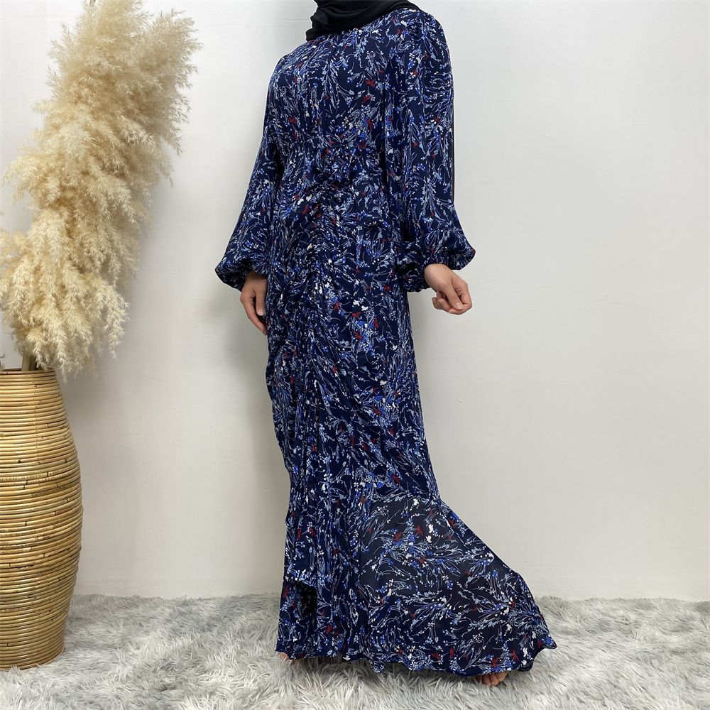 Summer fashion Middle Eastern Muslim, Turkish Dubai floral dress, Islamic elegant women's wear, round-neck elastic sleeve vacation dress