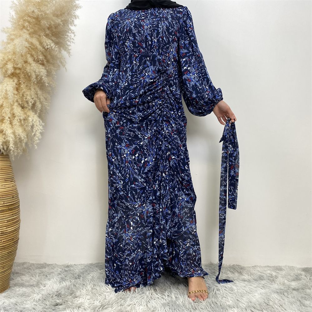 Summer fashion Middle Eastern Muslim, Turkish Dubai floral dress, Islamic elegant women's wear, round-neck elastic sleeve vacation dress