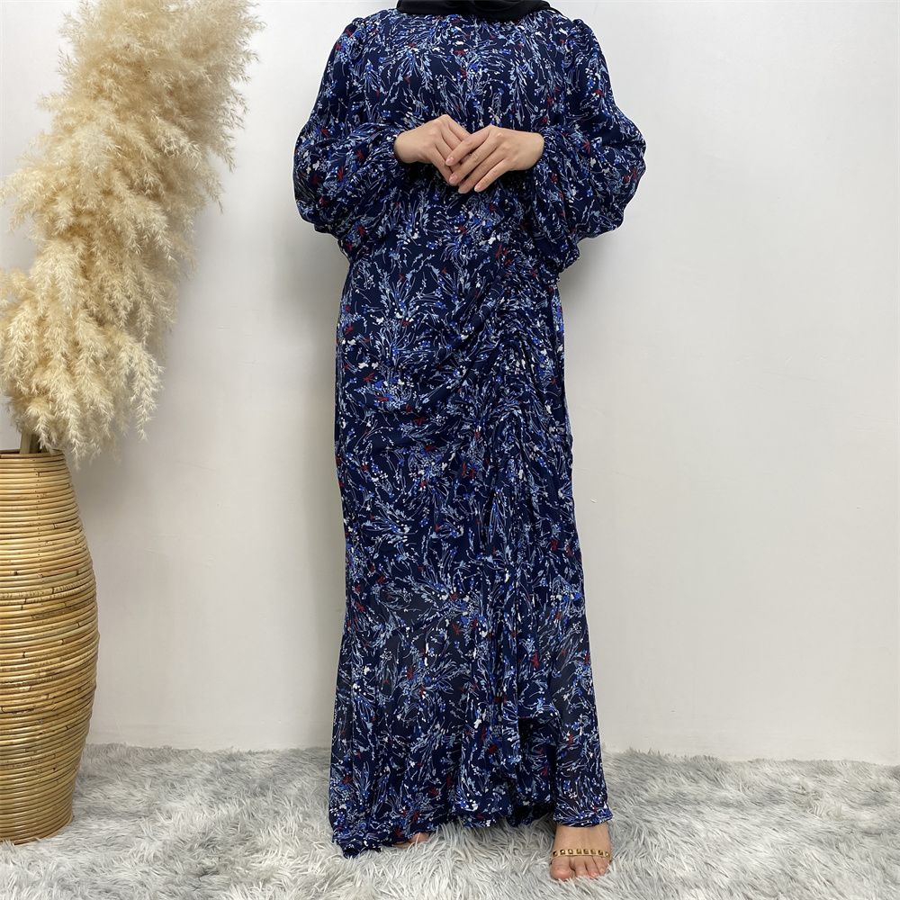 Summer fashion Middle Eastern Muslim, Turkish Dubai floral dress, Islamic elegant women's wear, round-neck elastic sleeve vacation dress