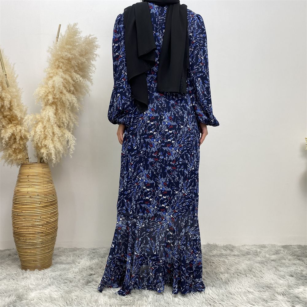 Summer fashion Middle Eastern Muslim, Turkish Dubai floral dress, Islamic elegant women's wear, round-neck elastic sleeve vacation dress