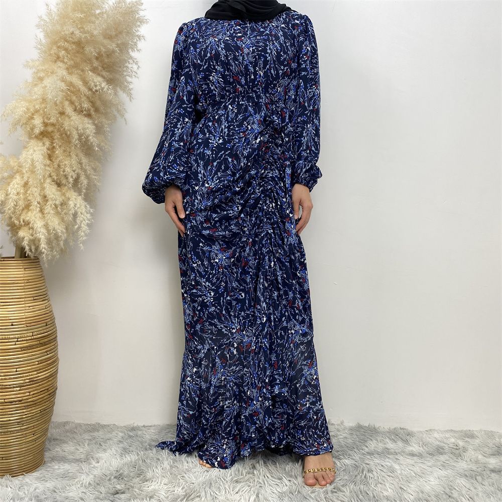 Summer fashion Middle Eastern Muslim, Turkish Dubai floral dress, Islamic elegant women's wear, round-neck elastic sleeve vacation dress