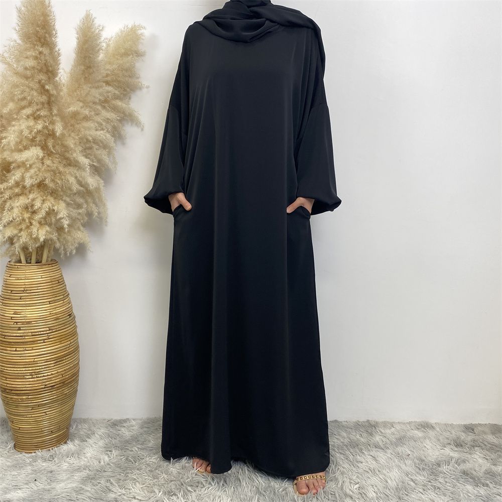 New Muslim, Middle East, Dubai, Africa, new fashionable solid-color dress with pockets, Islamic women's elegant long dress