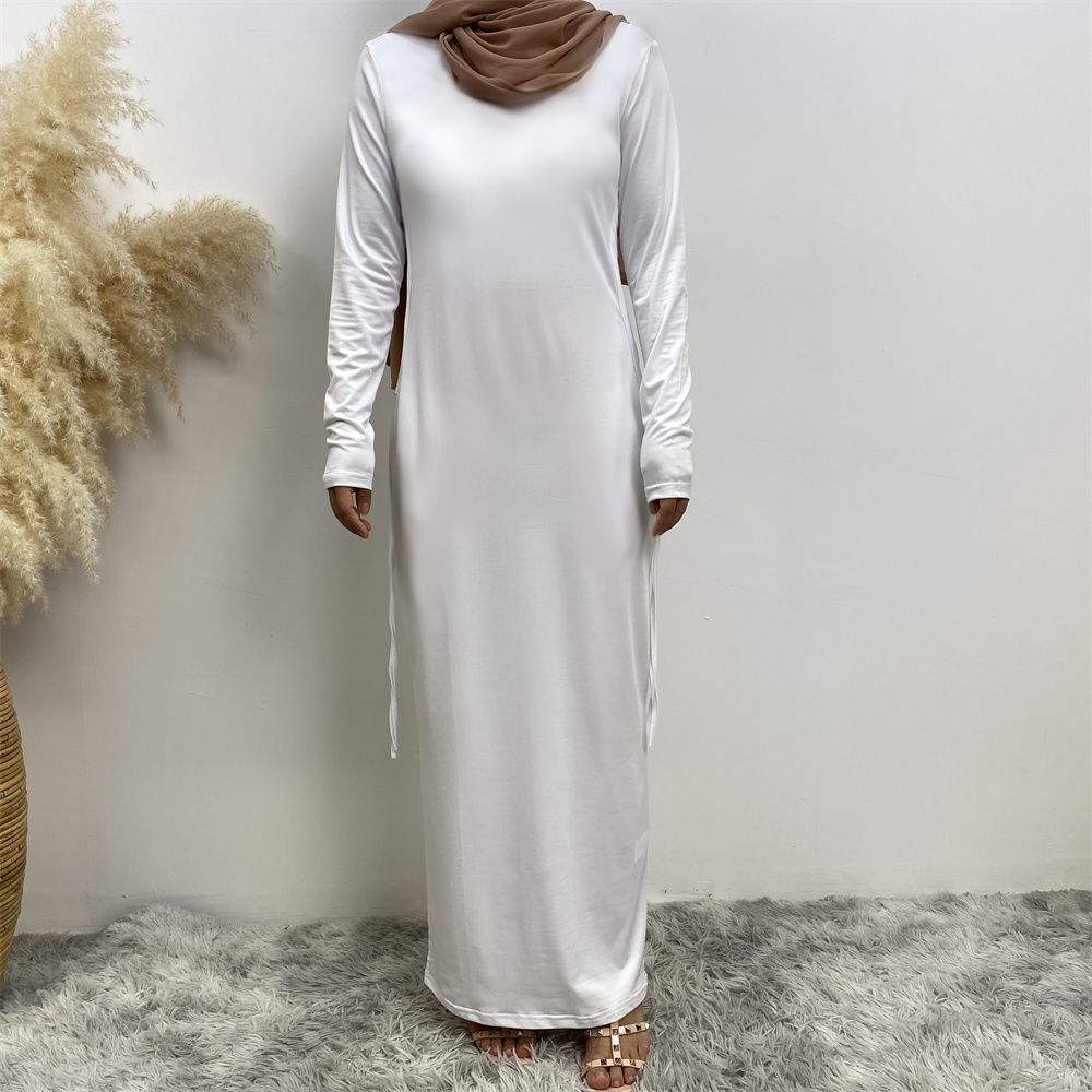 Muslim Dubai Arab solid-color long-sleeved dress for women with a drawstring base layer on the side