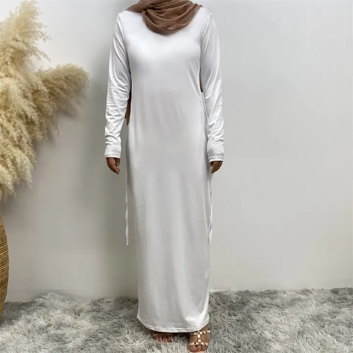 Muslim Dubai Arab solid-color long-sleeved dress for women with a drawstring base layer on the side