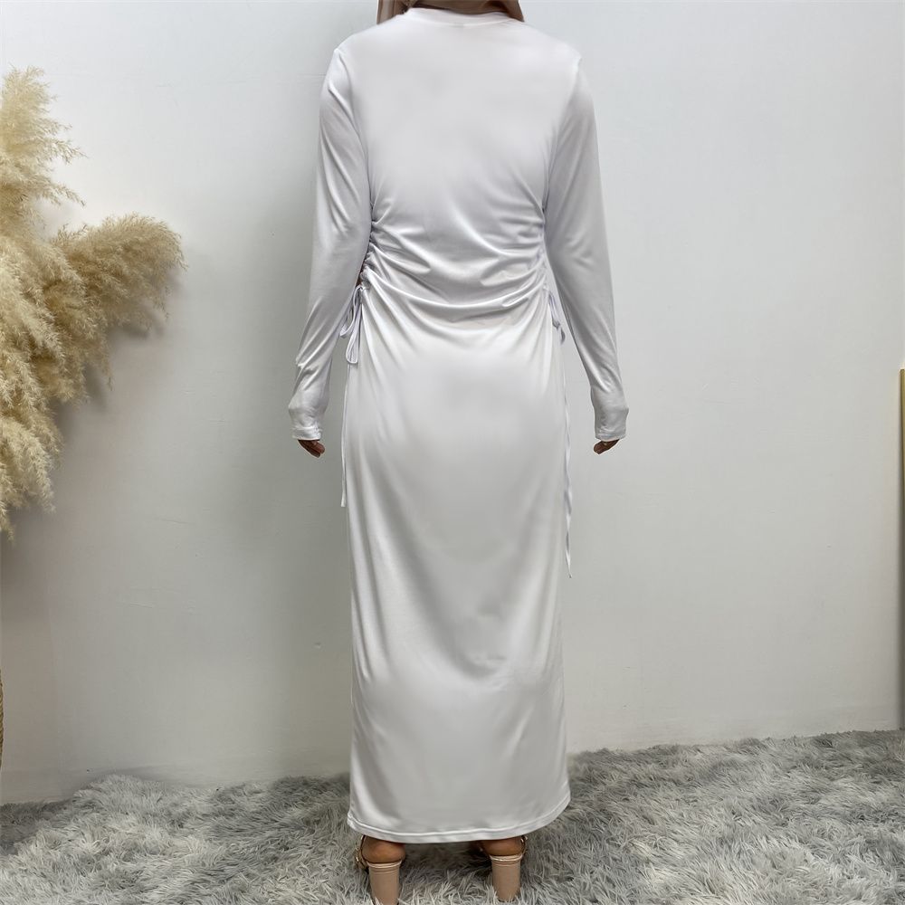 Muslim Dubai Arab solid-color long-sleeved dress for women with a drawstring base layer on the side
