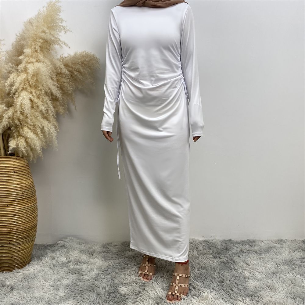 Muslim Dubai Arab solid-color long-sleeved dress for women with a drawstring base layer on the side