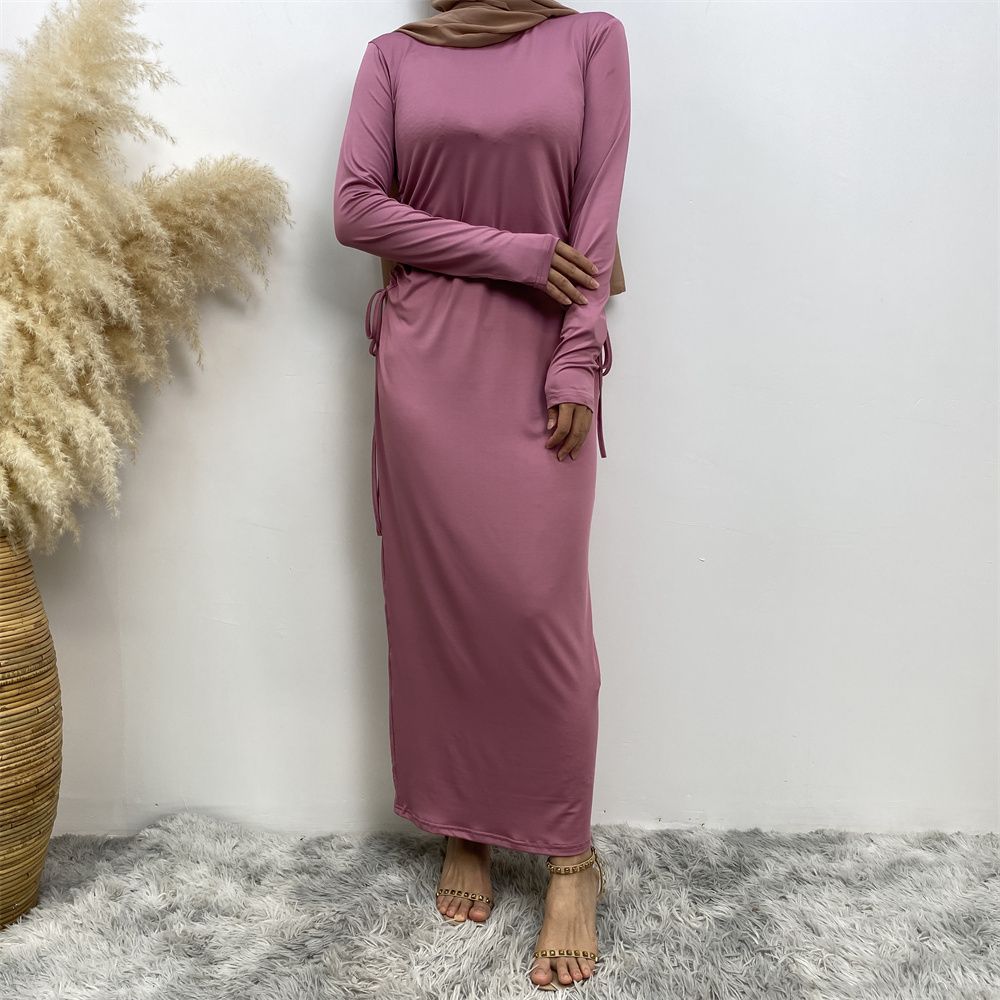 Muslim Dubai Arab solid-color long-sleeved dress for women with a drawstring base layer on the side