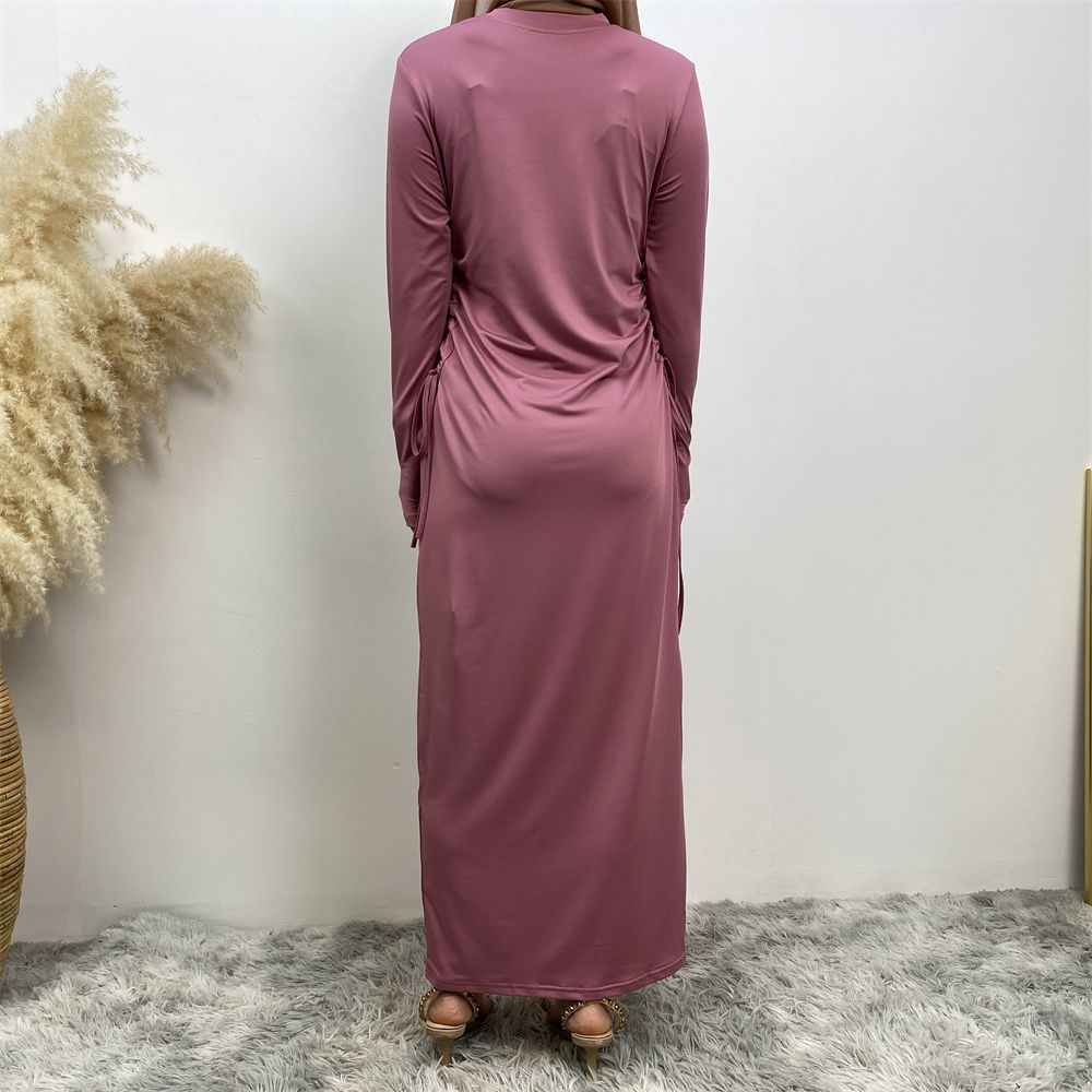 Muslim Dubai Arab solid-color long-sleeved dress for women with a drawstring base layer on the side